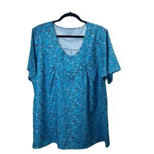 Womens Blue Red Floral V Neck Top Blouse Cottage Core Short Sleeves Size 2XL